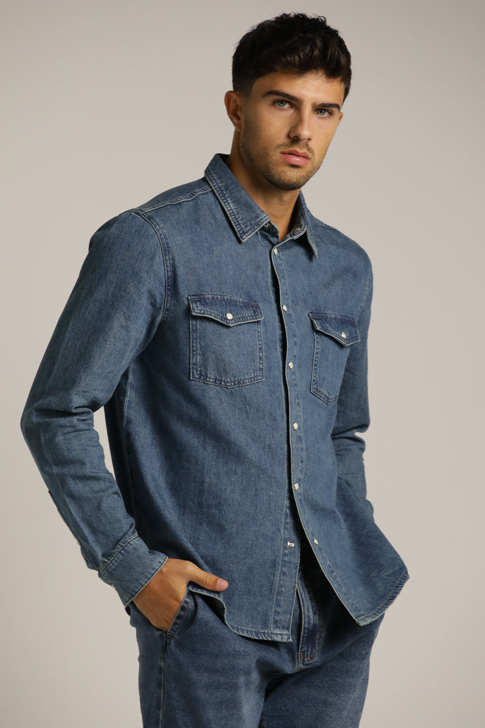 Denim-Style Button-Up Shirt In Cotton