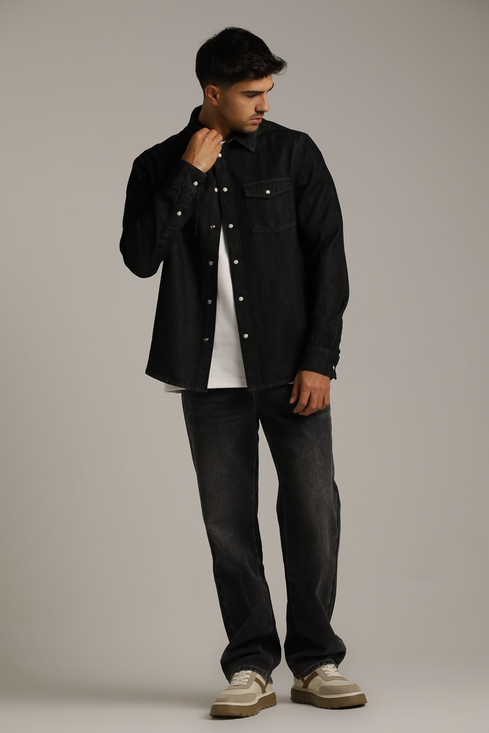Denim-Style Button-Up Shirt In Cotton