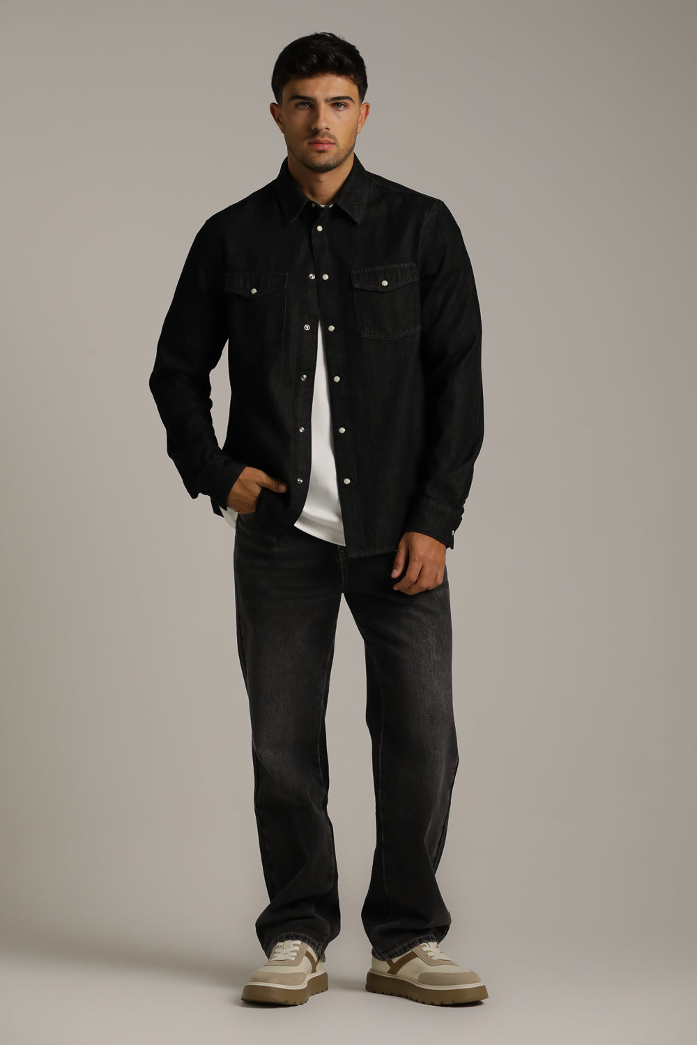 Denim-Style Button-Up Shirt In Cotton