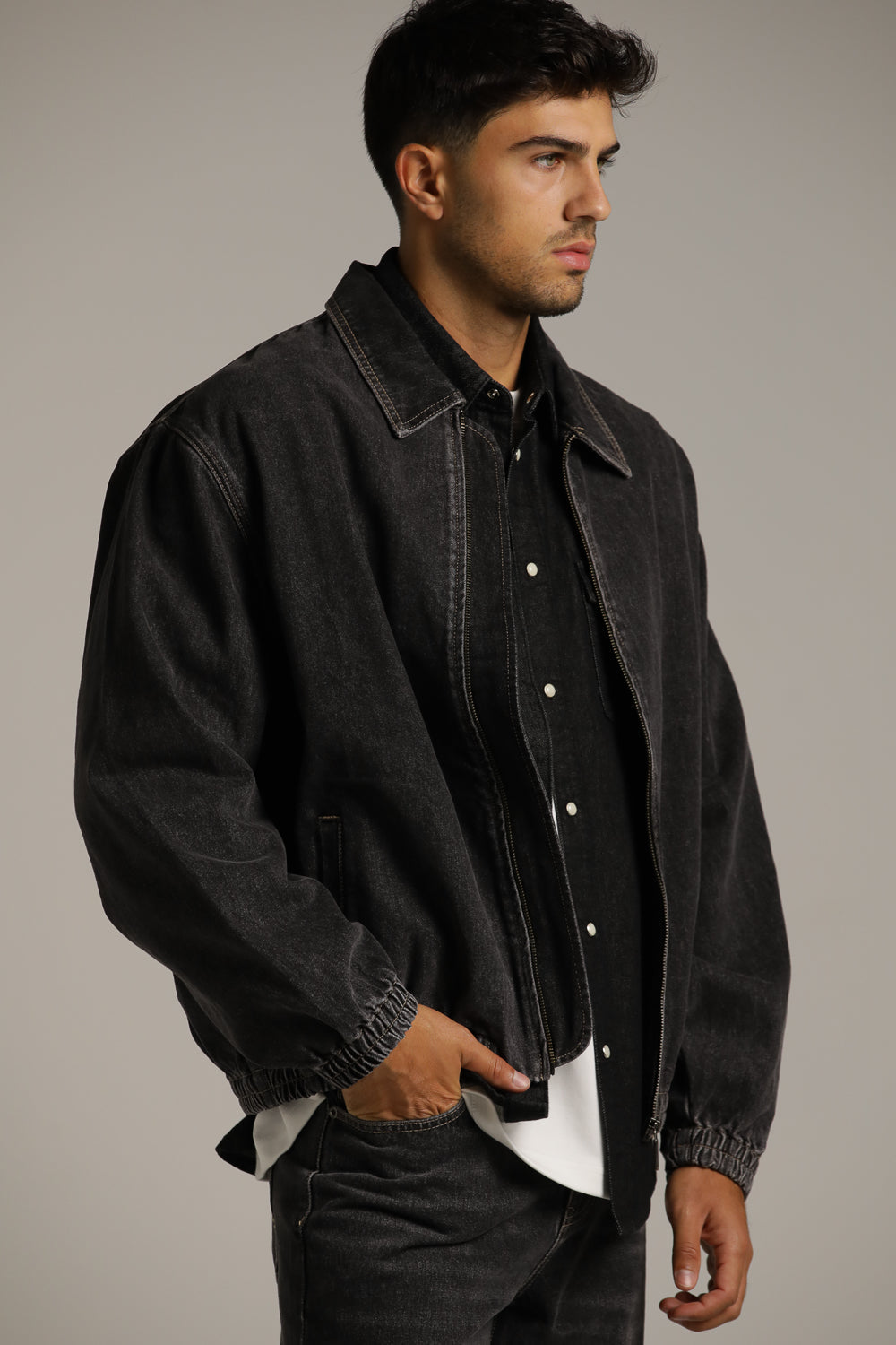 Washed Bomber Denim Jacket In Cotton
