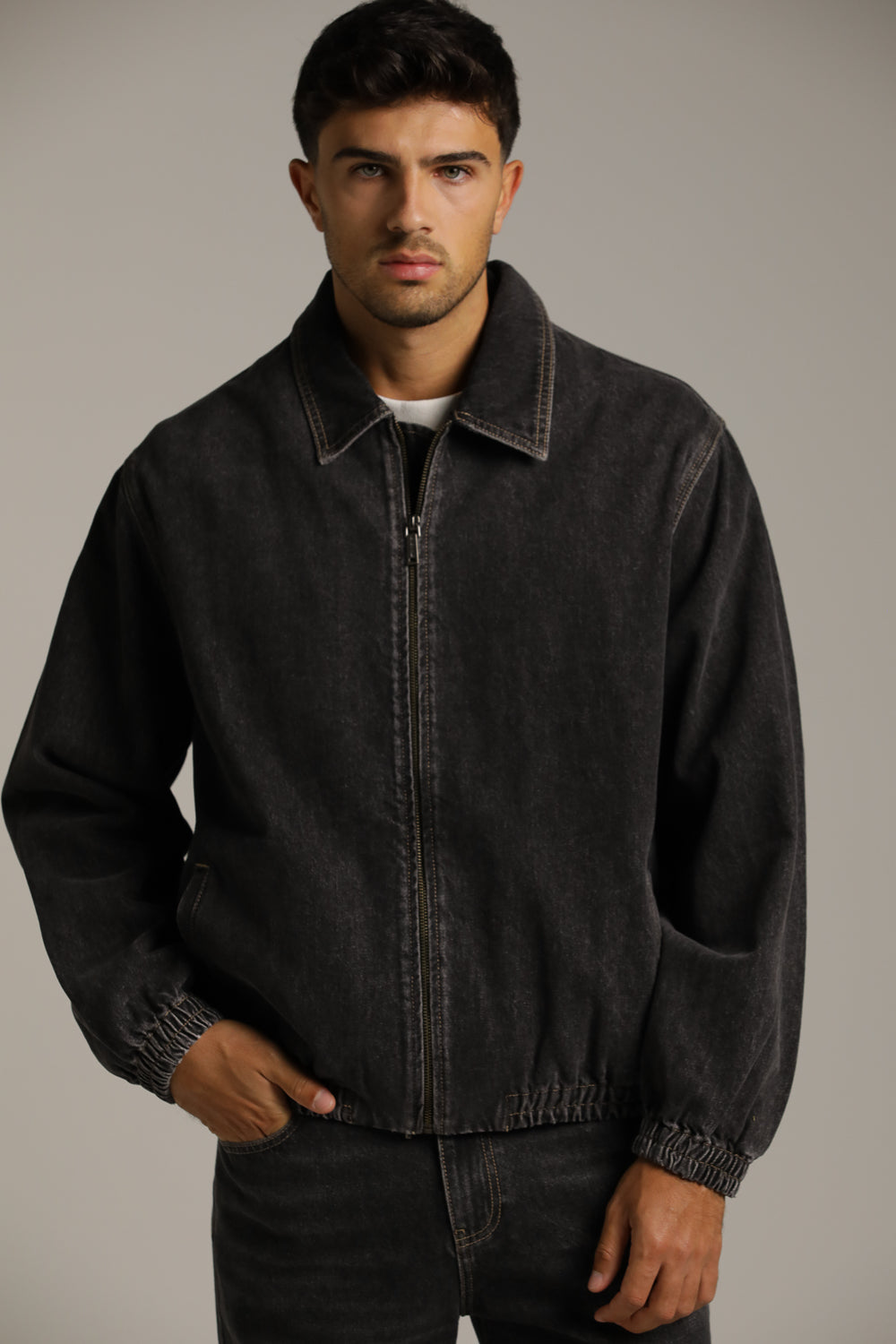 Washed Bomber Denim Jacket In Cotton