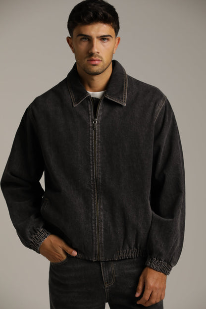 Washed Bomber Denim Jacket In Cotton