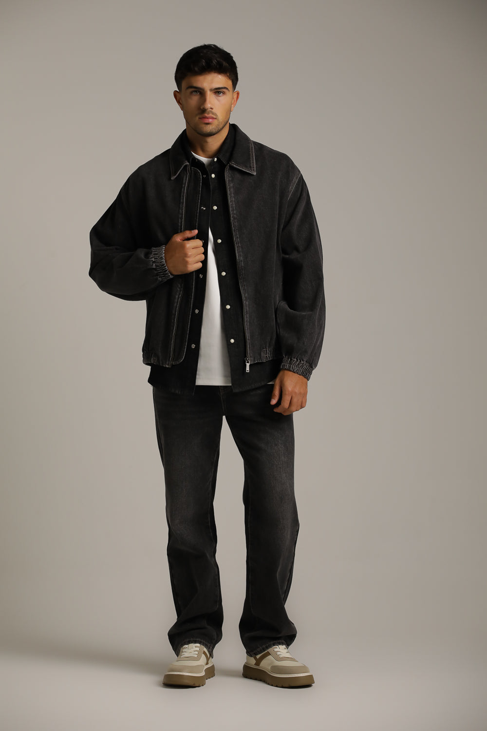 Washed Bomber Denim Jacket In Cotton