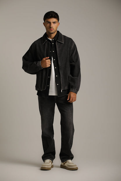 Washed Bomber Denim Jacket In Cotton