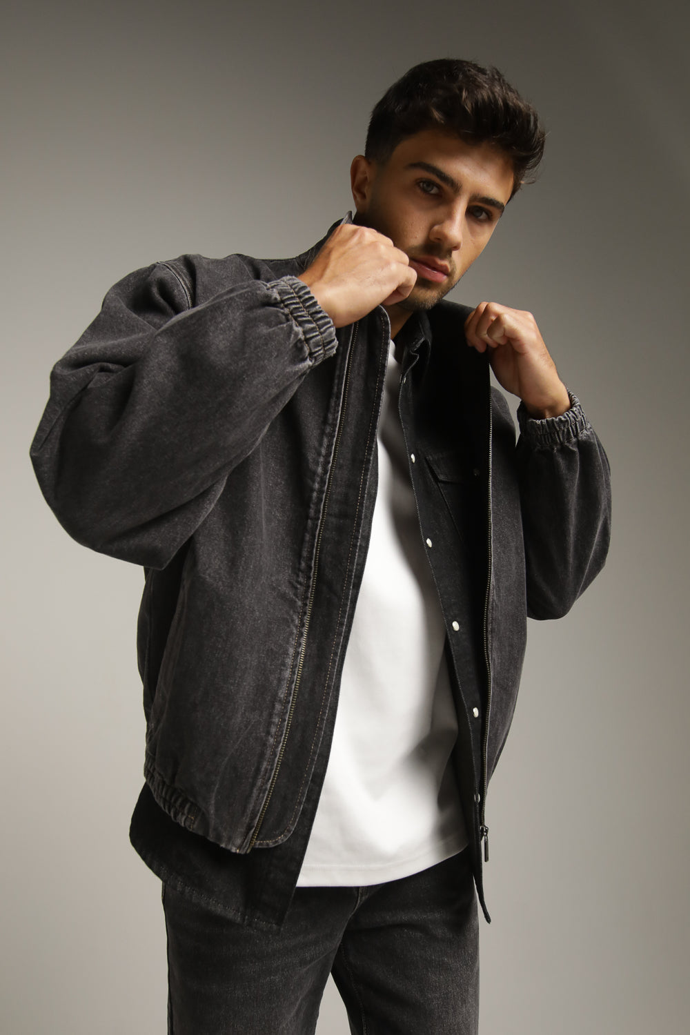 Washed Bomber Denim Jacket In Cotton
