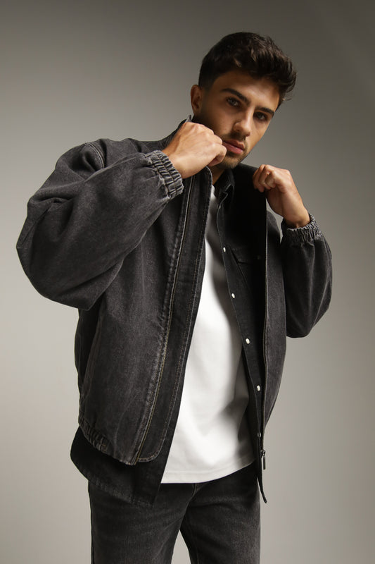 Washed Bomber Denim Jacket In Cotton