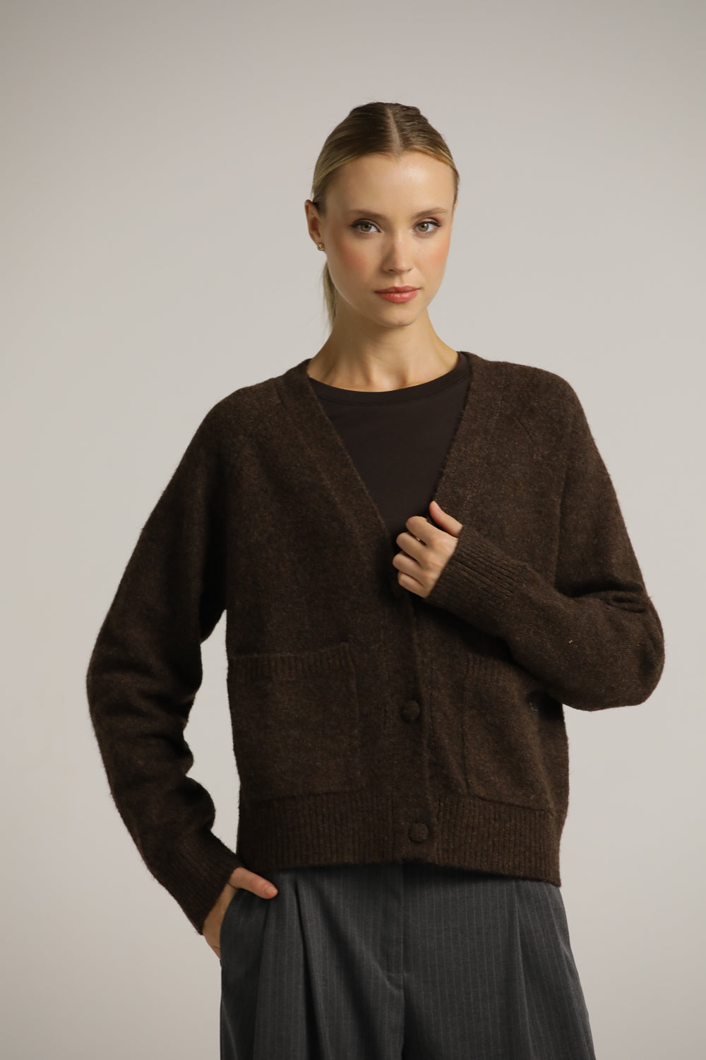Wool-Textured V-Neck Cardigan