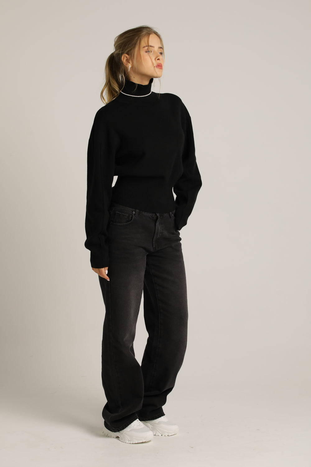 Cropped Long-Sleeve Turtleneck Knit