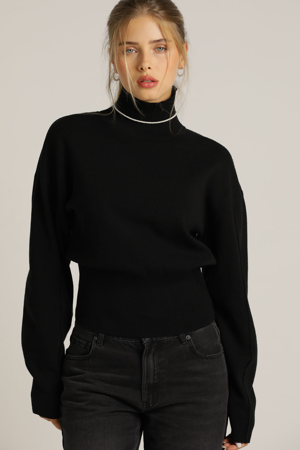 Cropped Long-Sleeve Turtleneck Knit