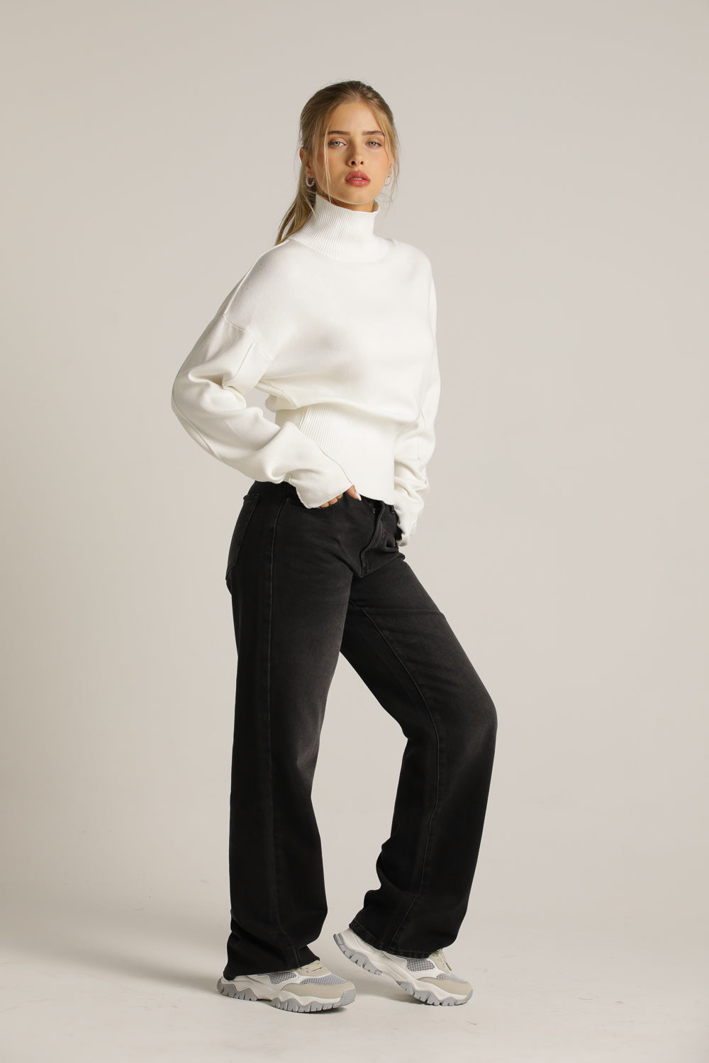 Cropped Long-Sleeve Turtleneck Knit