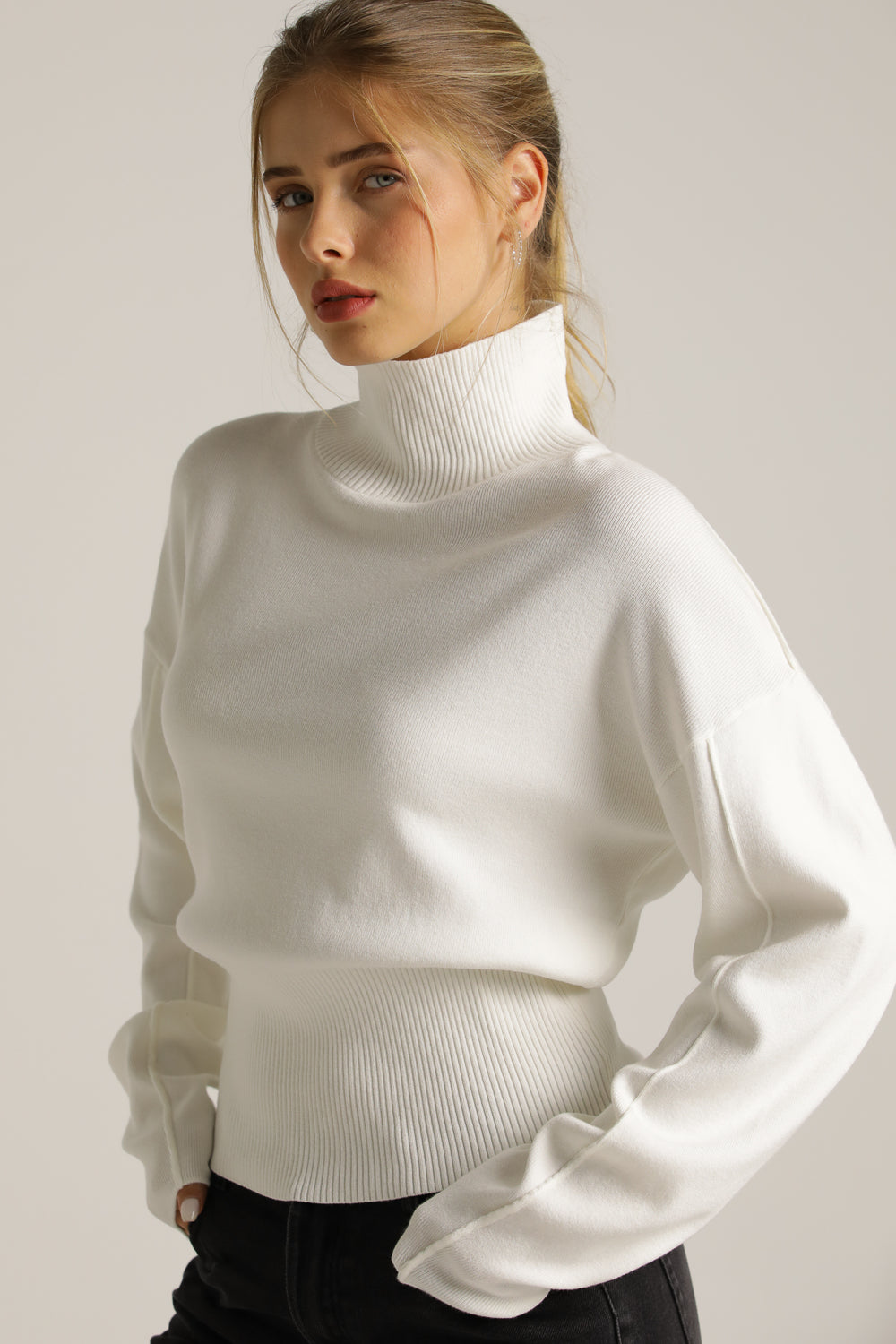 Cropped Long-Sleeve Turtleneck Knit
