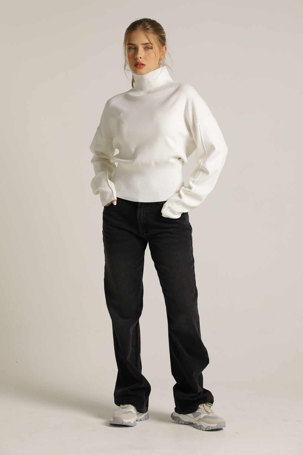 Cropped Long-Sleeve Turtleneck Knit