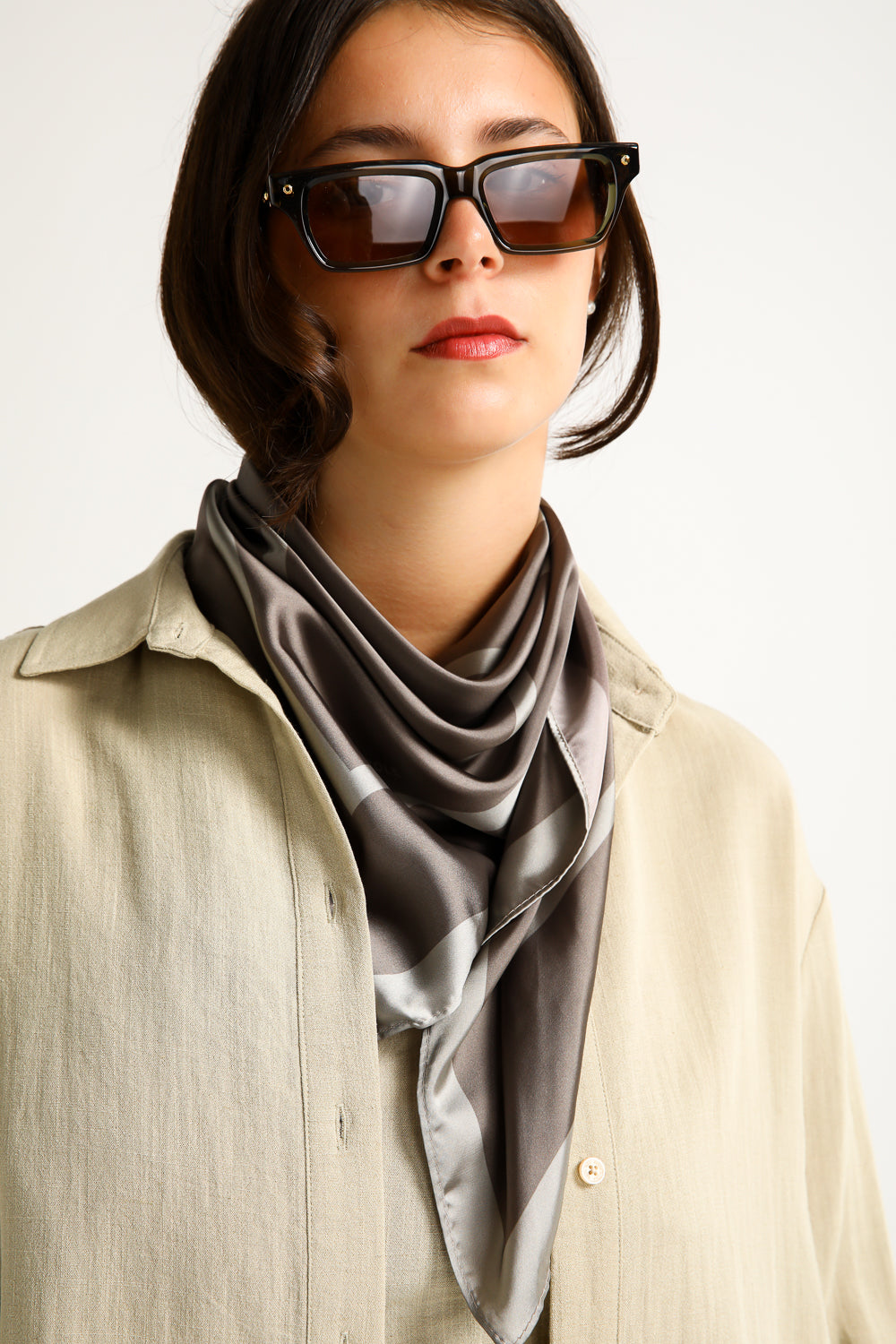 Brown Scarf with Minimalist Geometric Square Print