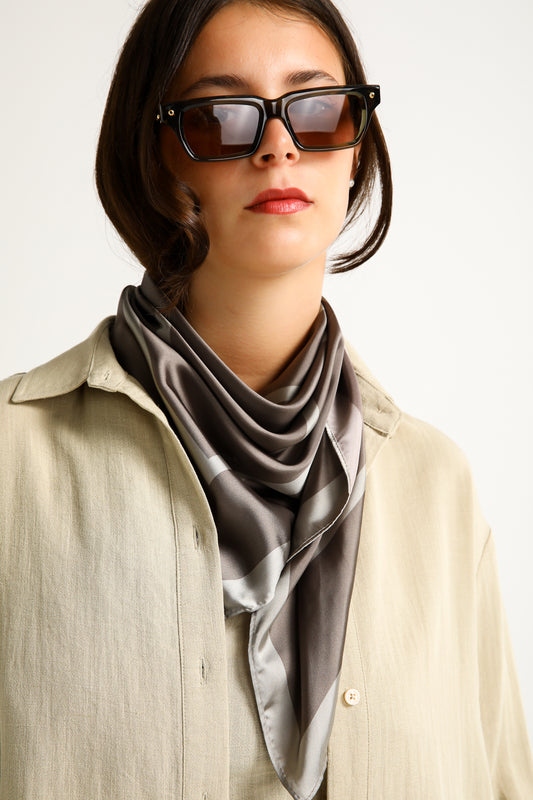 Brown Scarf with Minimalist Geometric Square Print
