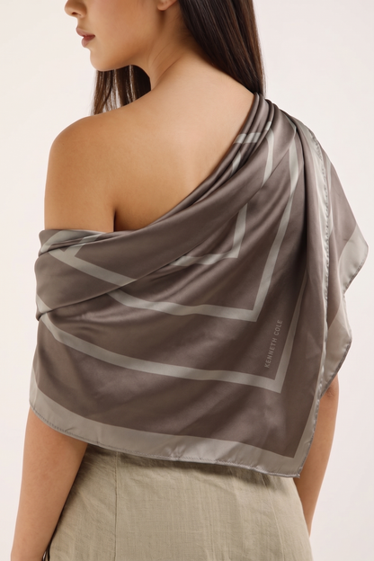 Brown Scarf with Minimalist Geometric Square Print